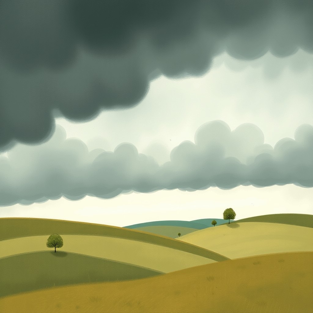 A summer afternoon scene with dark, thick clouds gathering in the sky, illustrating a gloomy atmosphere, depicted in the whimsical style of Jon Klassen