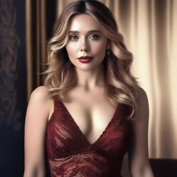 A high-quality digital art image displaying Elizabeth Olsen in a classy dress, exuding sensuality