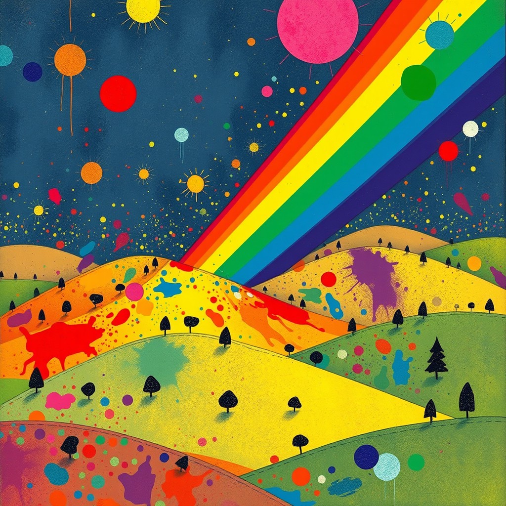 A whimsical scene where a rainbow has spilled over a color palette, splattering vibrant paint across the entire world, illustrated in the charming style of Jon Klassen