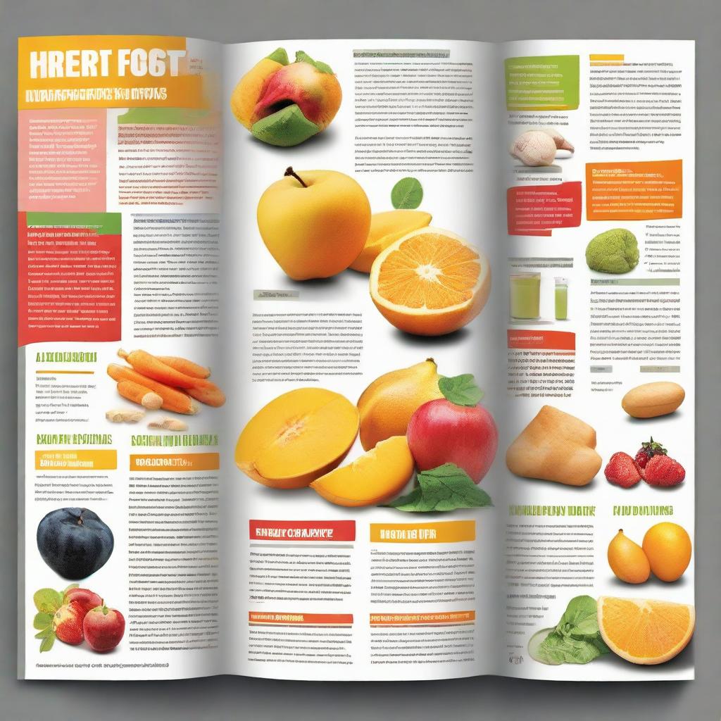 A high contrast brochure with large, readable text. Healthy food items like fruits, vegetables, and lean proteins on one side, contrasted with unhealthy items such as junk food, processed items, and sugary drinks on the other.