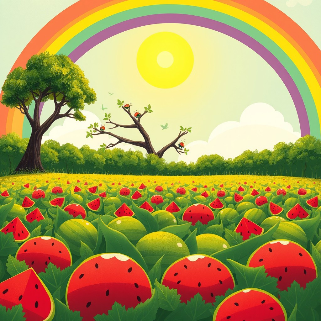 A vibrant summer scene featuring a bright sun and a rainbow stretching across the sky