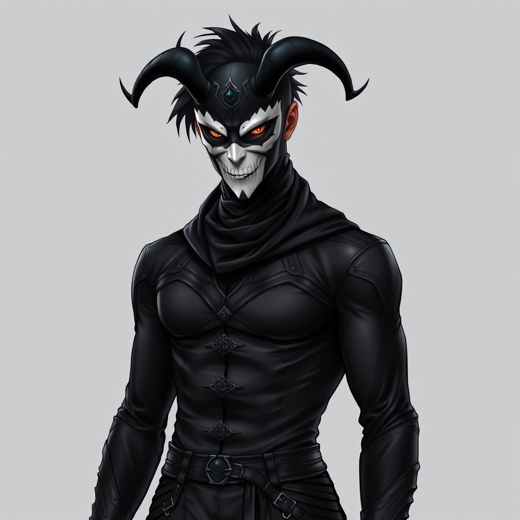 A striking character design of a male figure wearing a black and white mask that conveys a zardonic expression