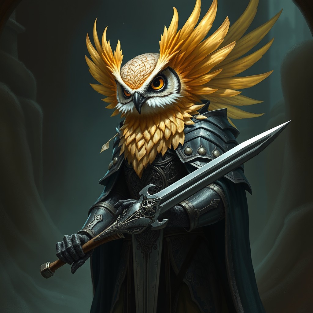 A tall, majestic owl character known as a sage, adorned with shimmering gold feathers