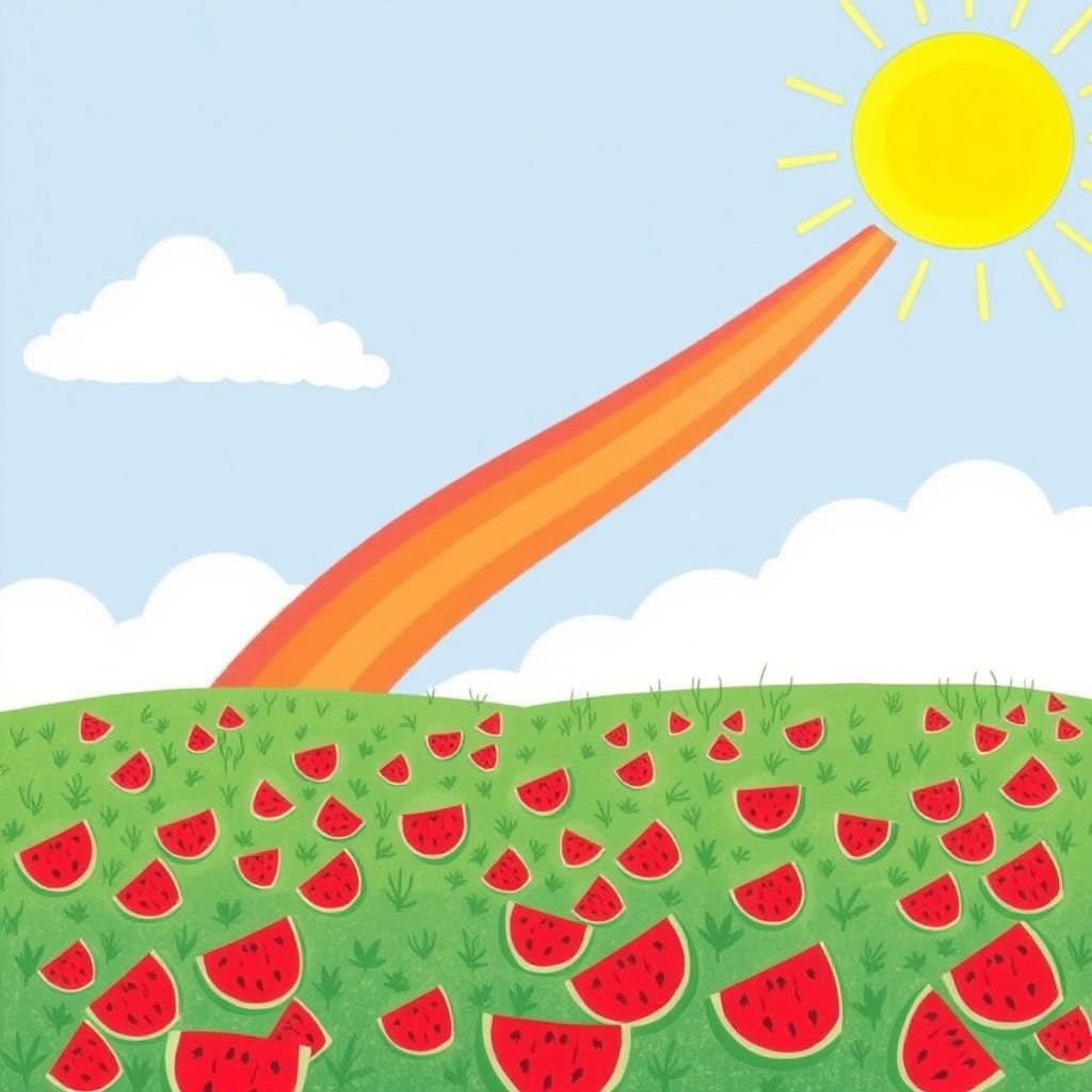 A sunny scene under a blazing sun with a vibrant rainbow arching across the sky