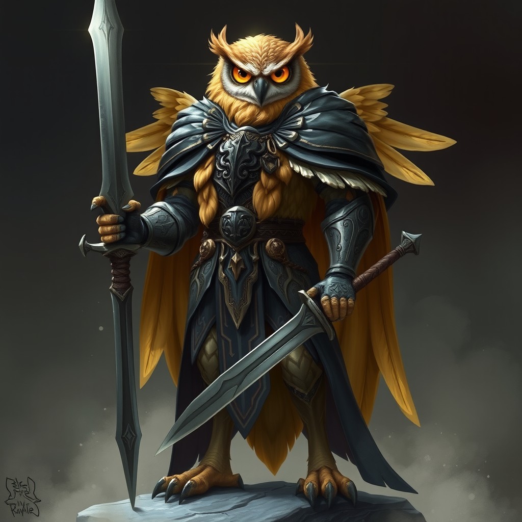 A tall, imposing owl character, resembling a sage owl, featuring stunning golden feathers