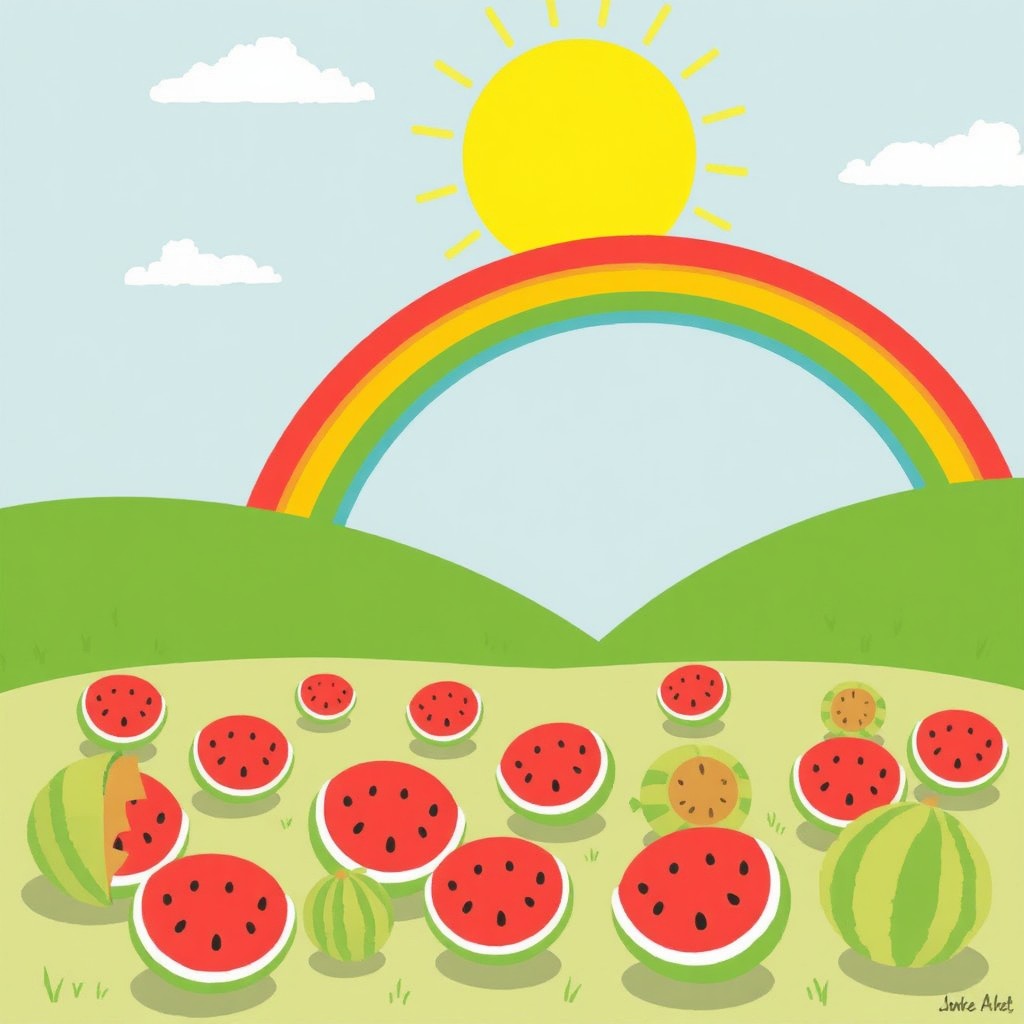 A sunny scene under a blazing sun with a colorful rainbow arching gracefully across the sky