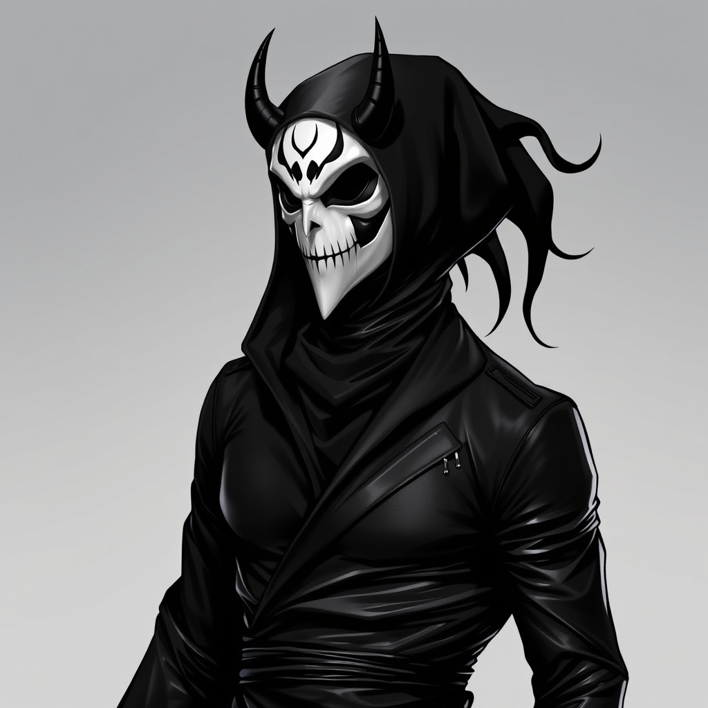 A captivating character design of a male figure adorned with a striking black and white mask that exudes a zardonic expression