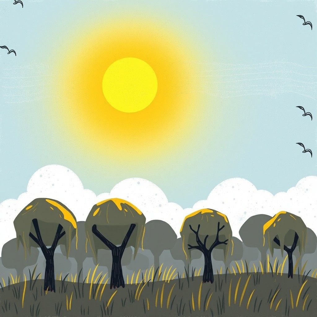 A summer scene under a scorching sun, with a vibrant rainbow arcing across the sky