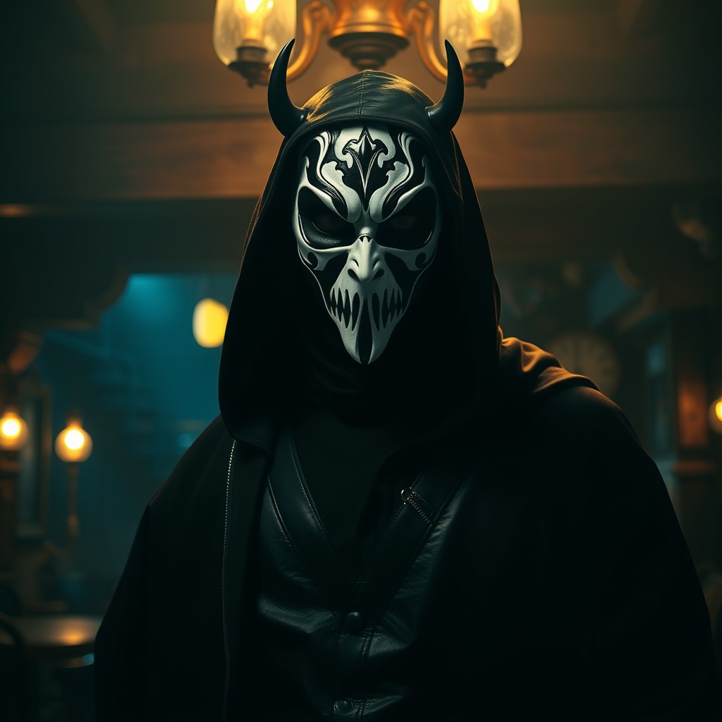 A compelling character portrayal of a male figure in a dimly lit dark pub, wearing a striking black and white mask that showcases a zardonic expression