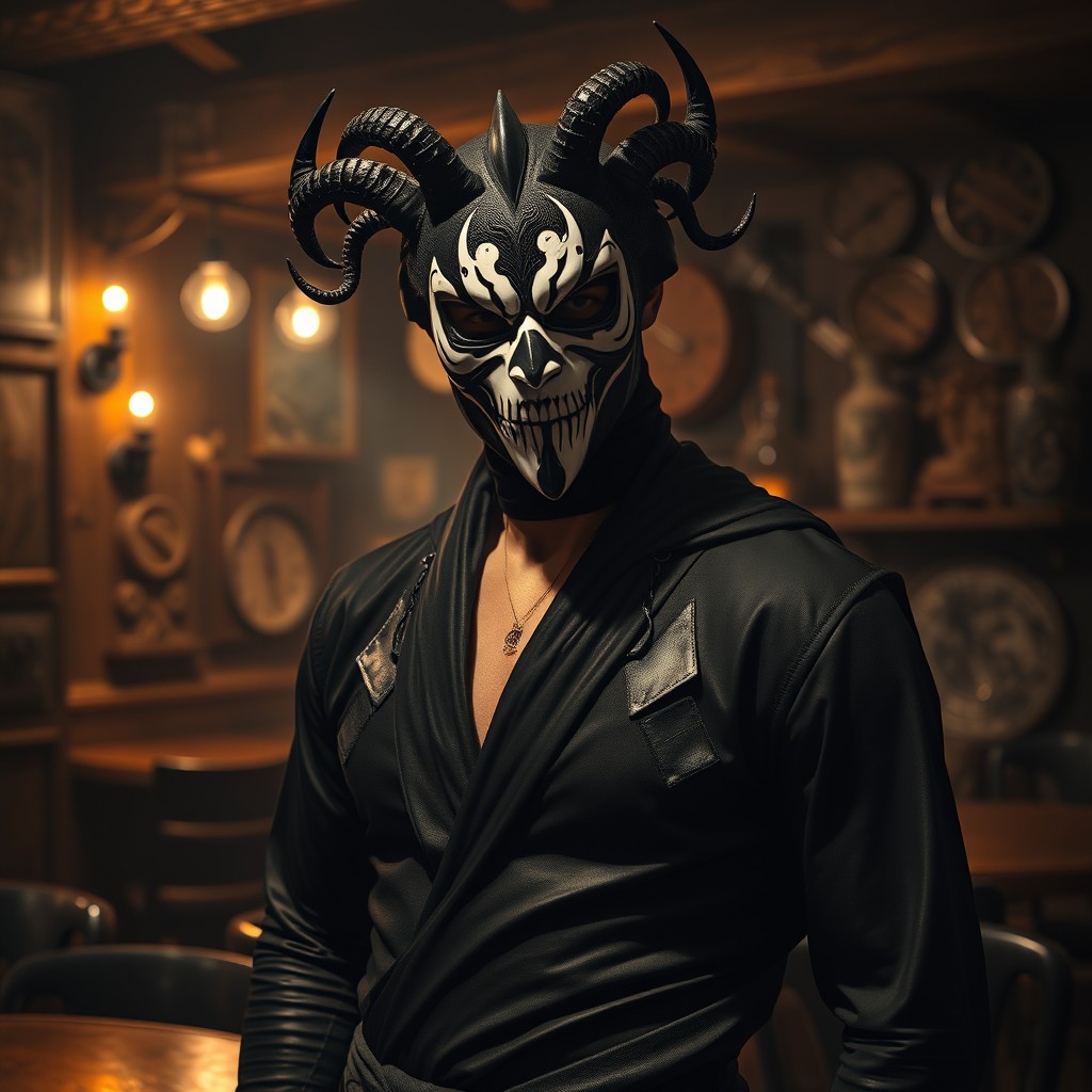 A captivating scene featuring a male figure in a dark pub, wearing an intricate black and white mask that displays a zardonic expression