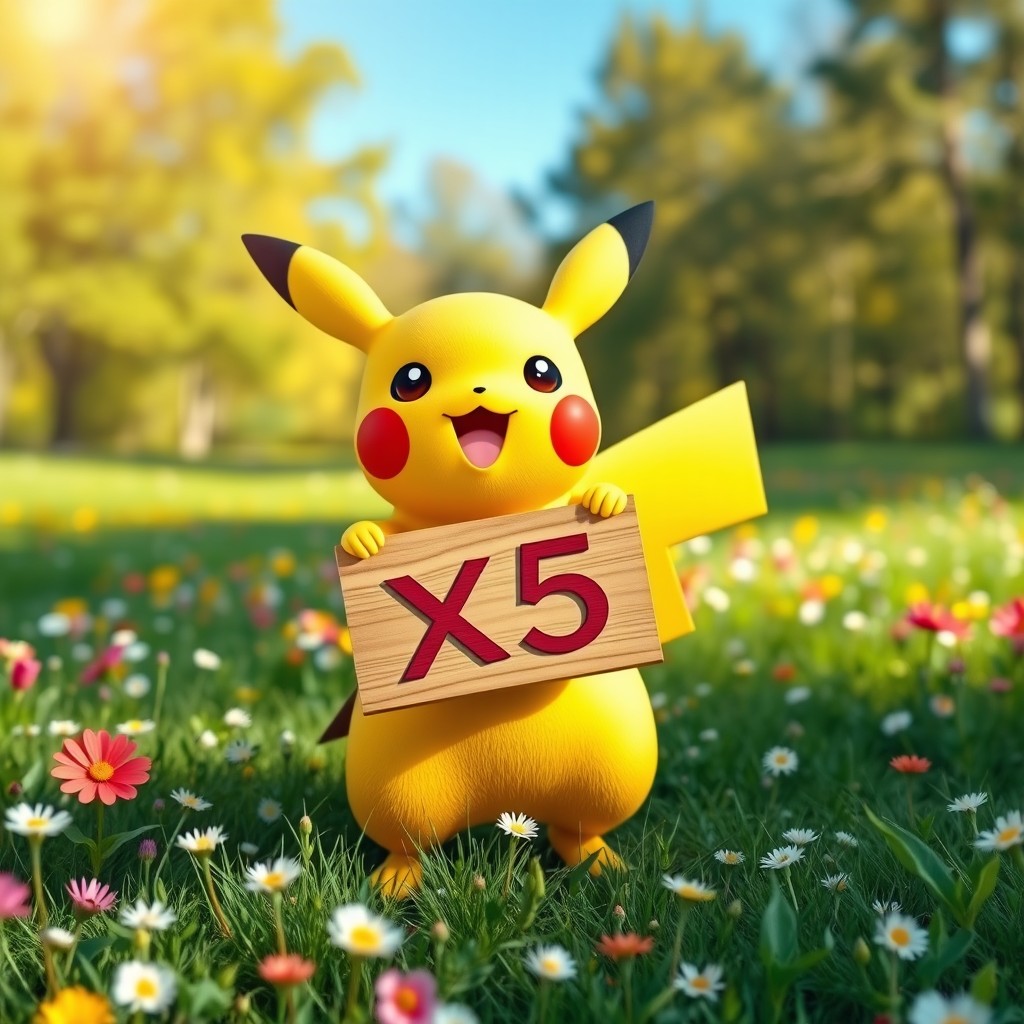 A cute Pikachu holding a sign that says 'X5'