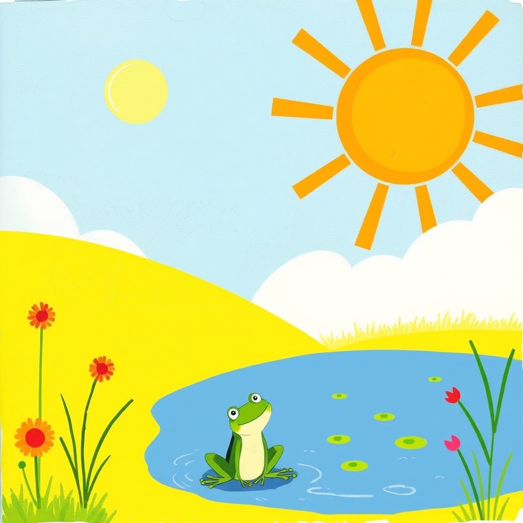 A bright summer scene under a blazing sun, with a vibrant rainbow spanning the sky