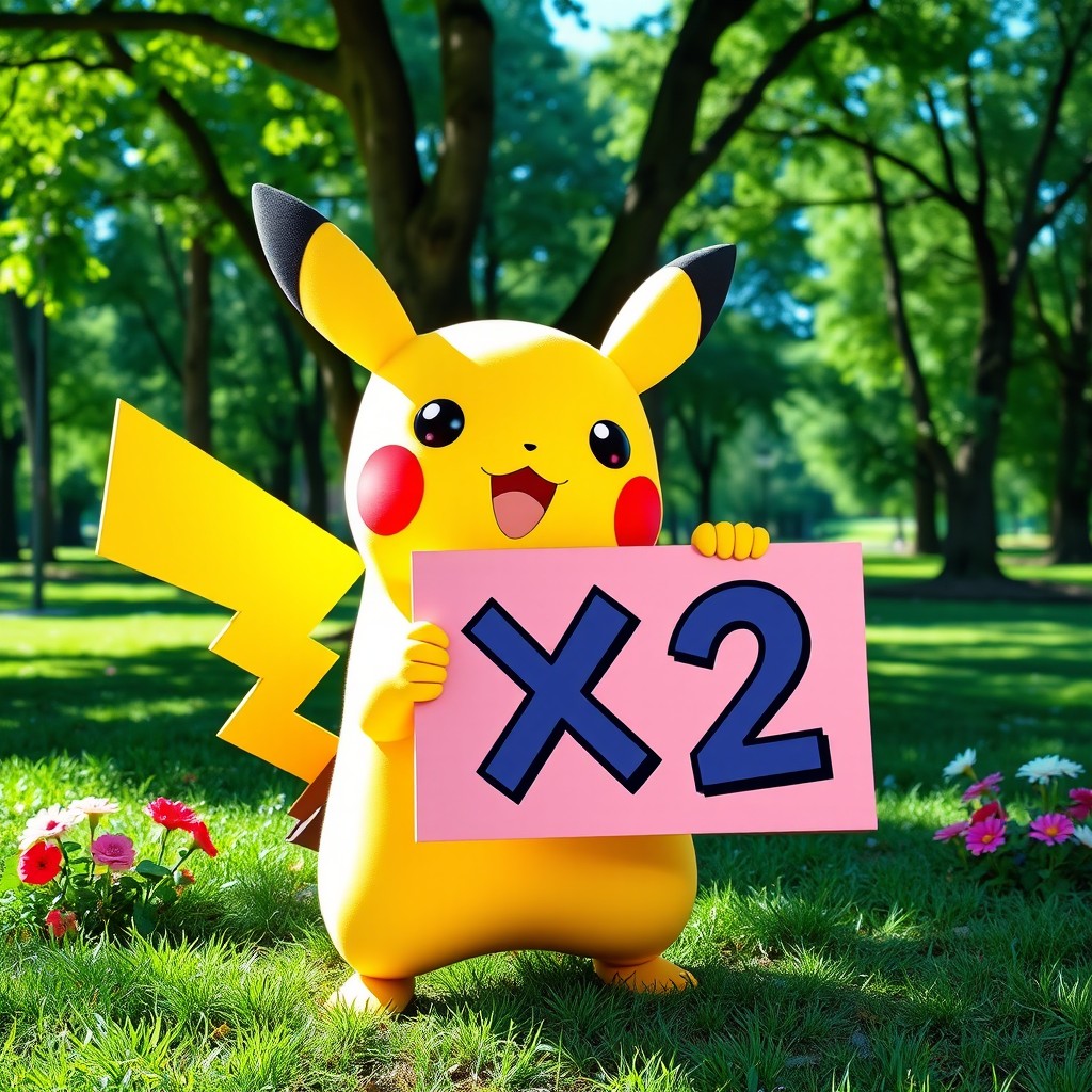 A cute Pikachu holding a sign that says 'X2'