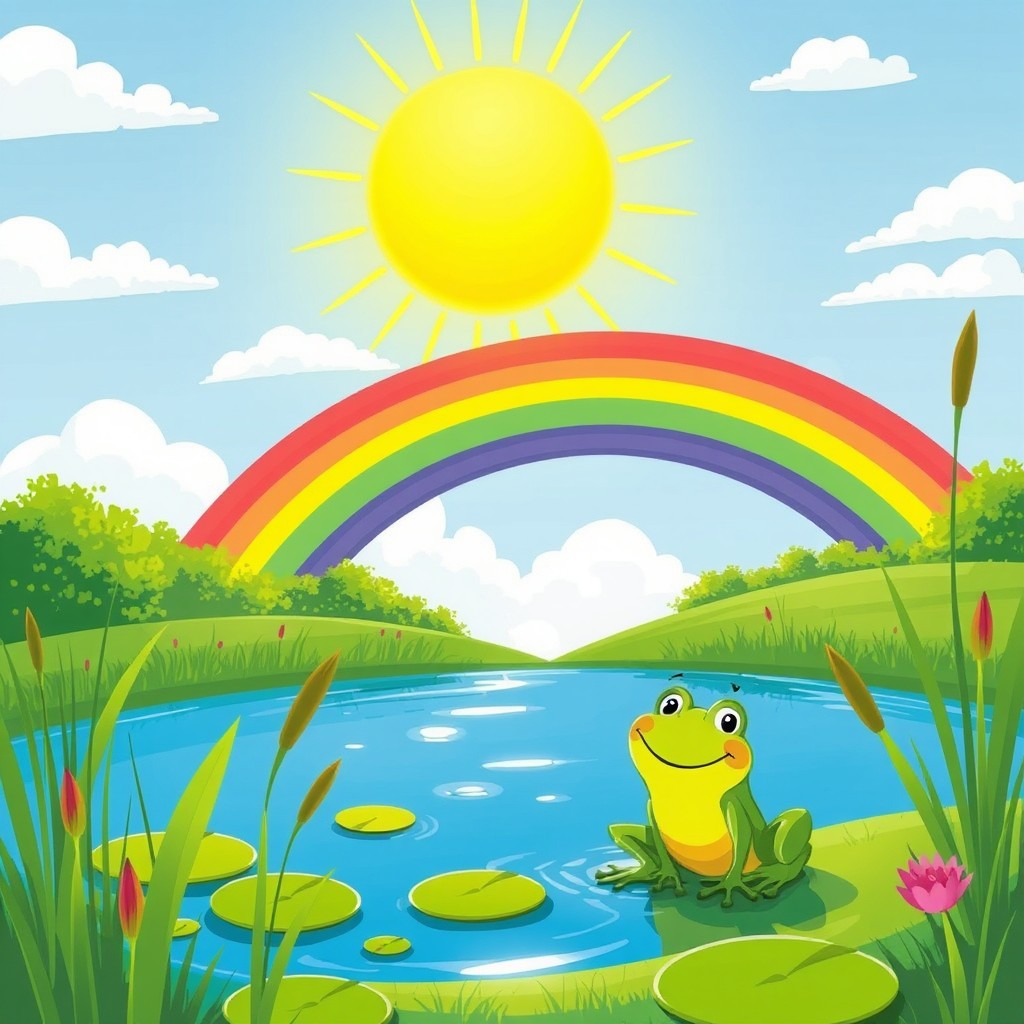 A vibrant summer scene under a blazing sun, featuring a beautiful rainbow in the sky