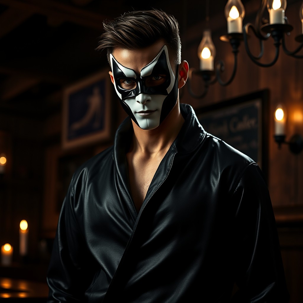 An intriguing male figure stands in a dimly lit dark pub, sporting a captivating black and white mask that adds an air of mystery