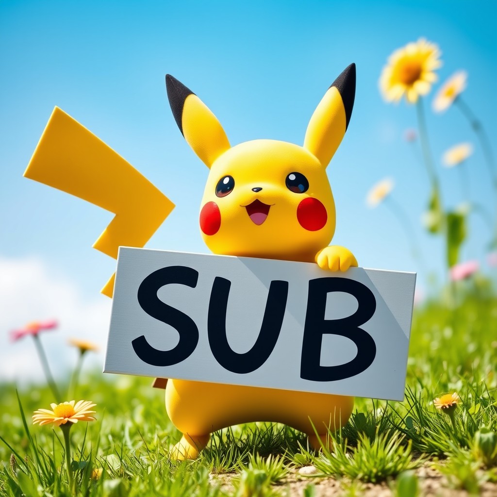 A cute Pikachu holding a sign that says 'SUB'