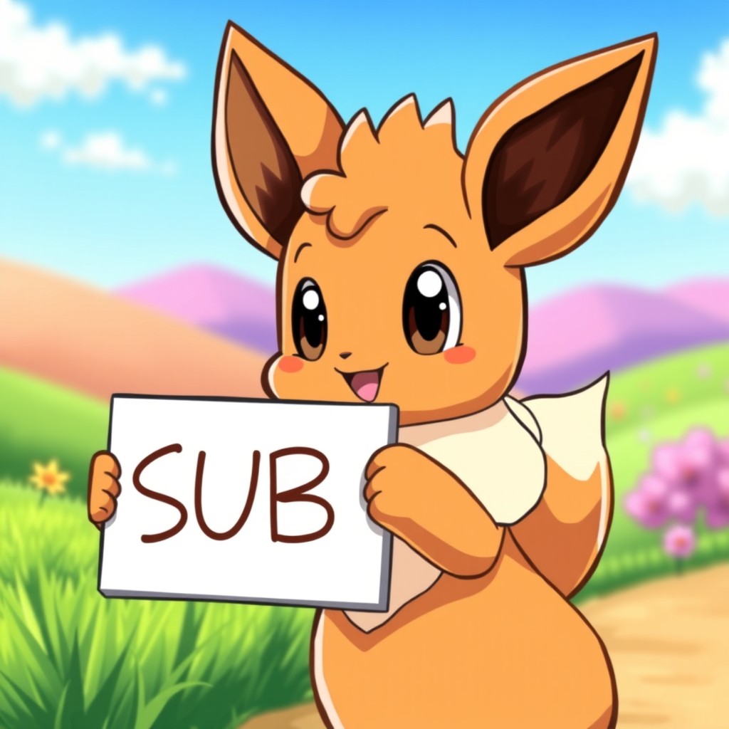A cute and fluffy Eevee character holding a sign that says 'SUB', with a cheerful expression