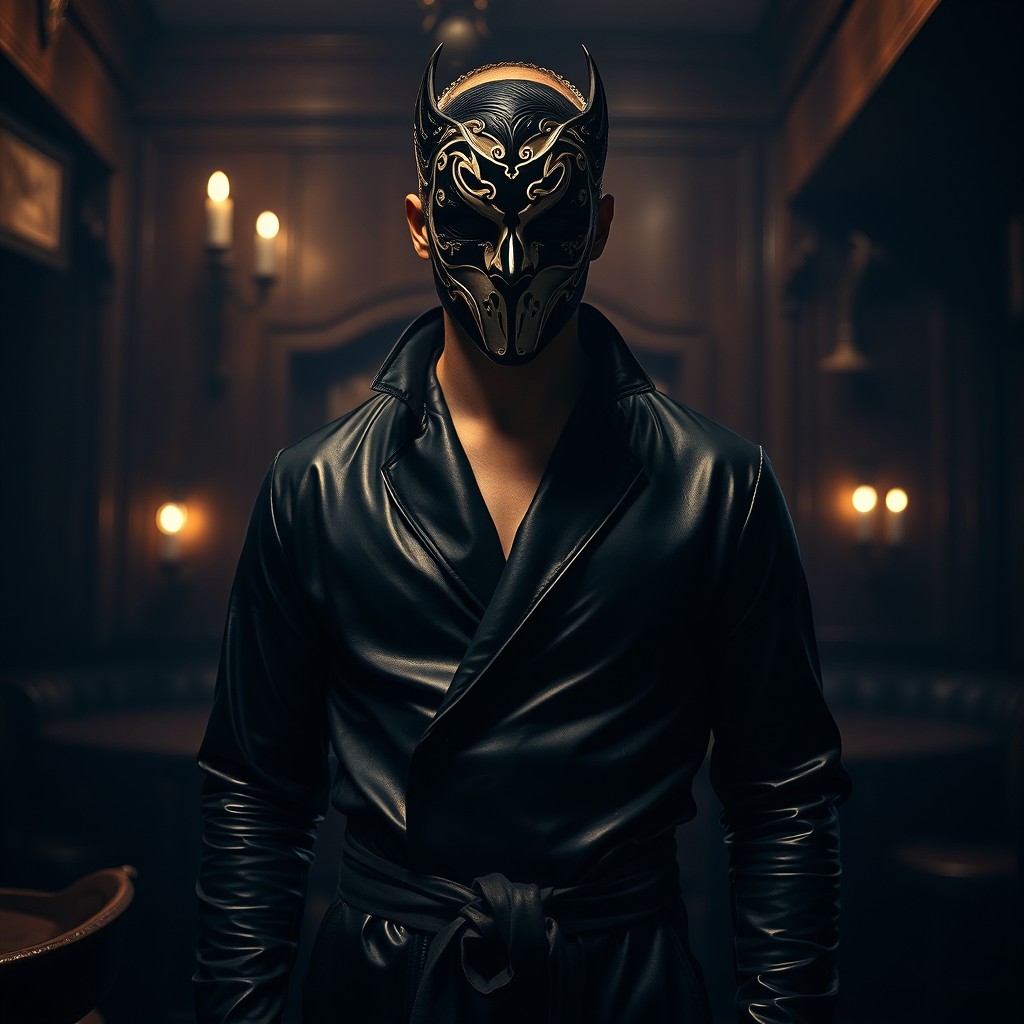 An enigmatic male figure stands confidently in a shadowy dark pub, wearing an elaborate black and white mask that adds an element of mystery