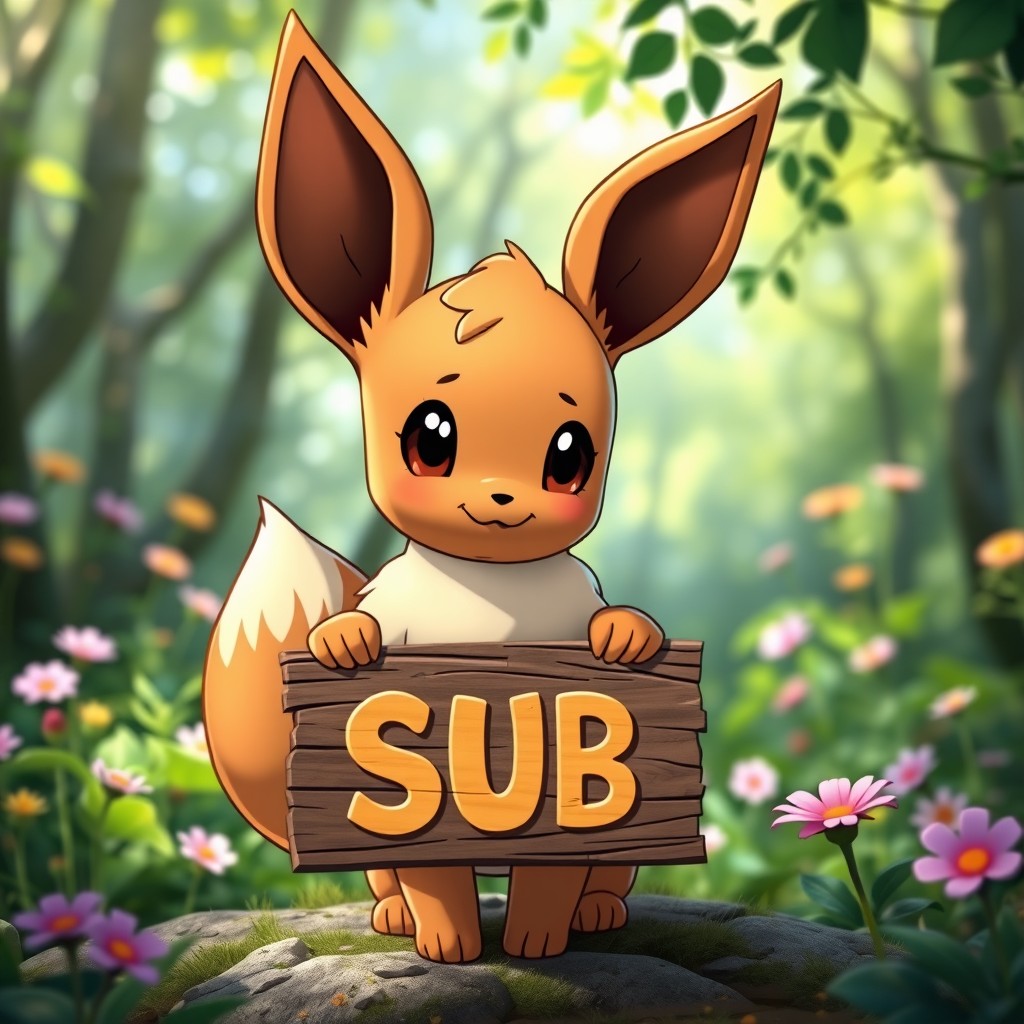 A charming and playful Eevee, a small, fox-like Pokémon with large ears and a fluffy tail, holding a wooden sign that says 'SUB' in bold, cheerful letters