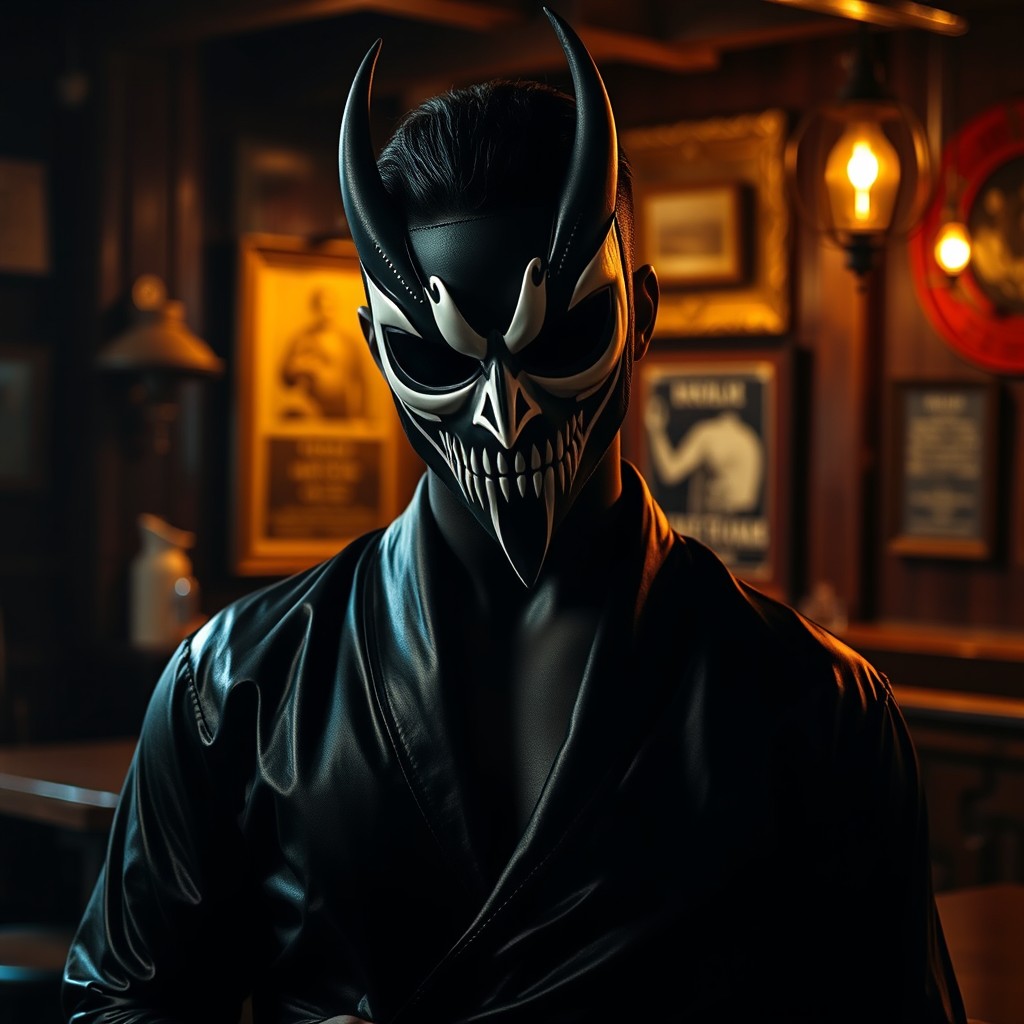 A striking scene featuring a male figure with black skin in a dimly lit dark pub, adorned with a dramatic black and white mask that features a zardonic expression