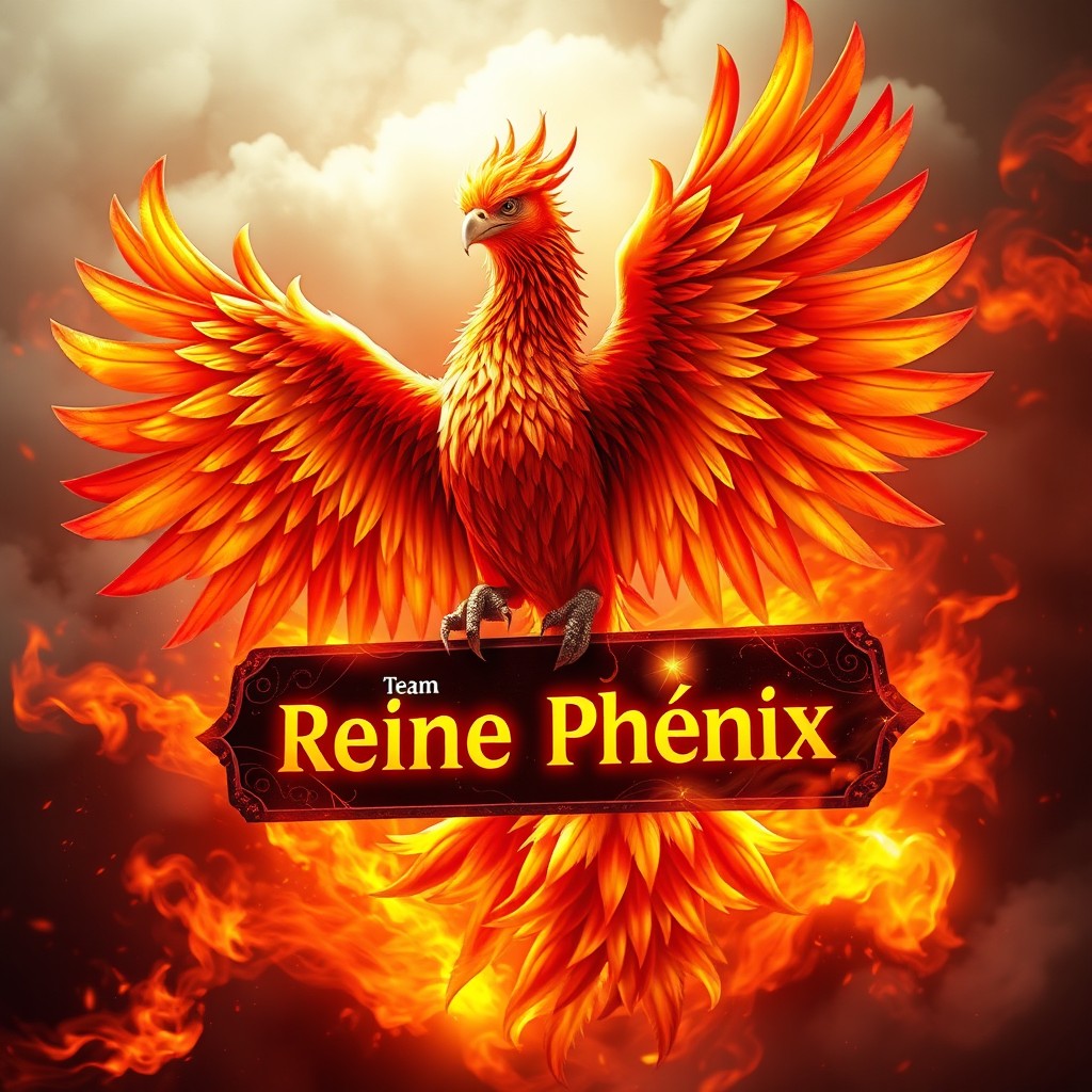 A majestic phoenix rising from vibrant flames, elegantly showcasing a sign that reads 'Team Reine Phénix' in bold, captivating letters