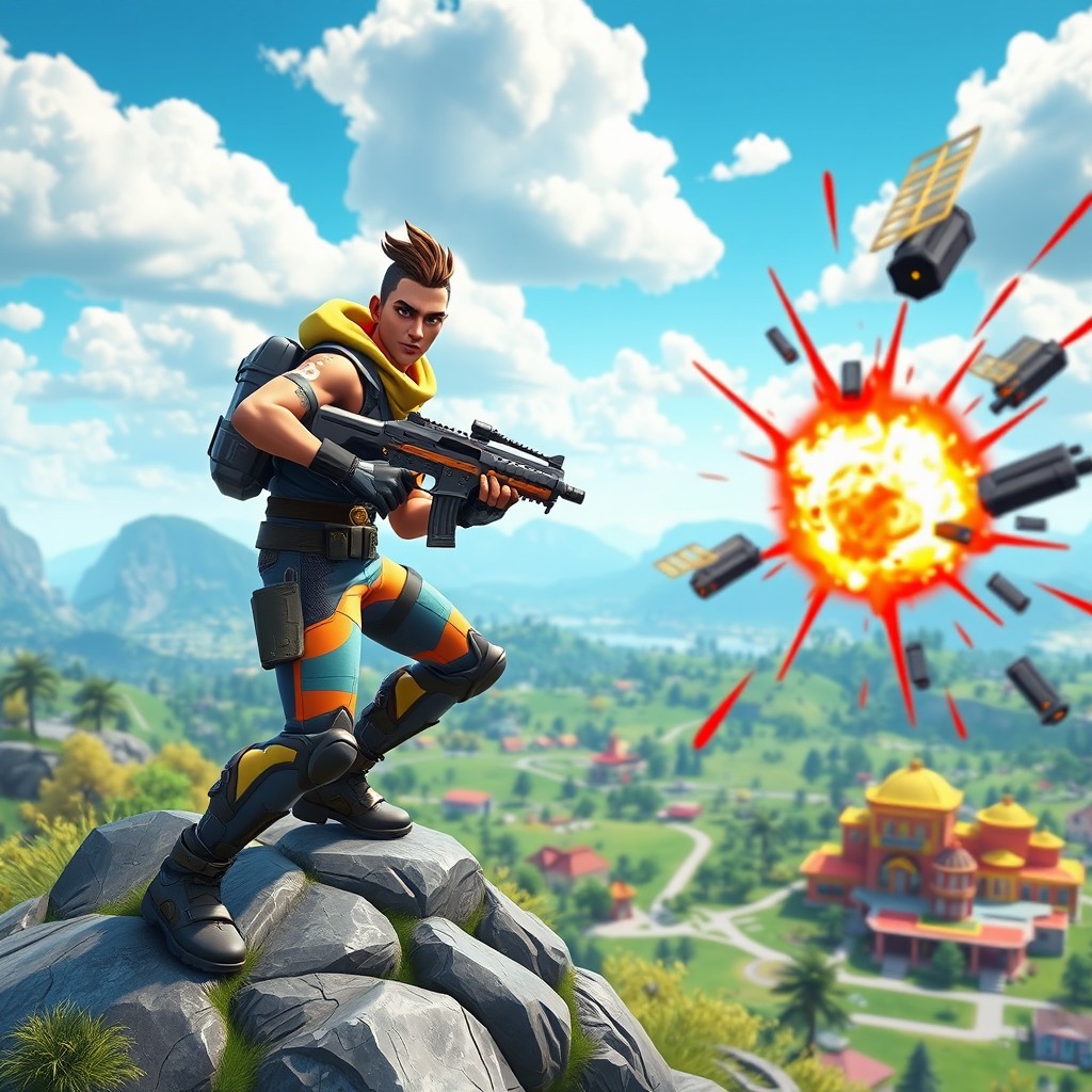 A vibrant and dynamic scene from a Fortnite game, showcasing a skilled player in the heat of battle atop a picturesque mountaintop