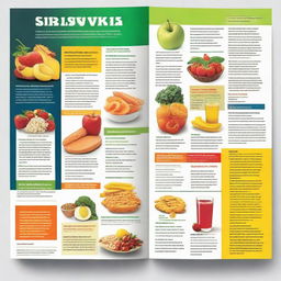 A high contrast brochure with large, readable text. Healthy food items like fruits, vegetables, and lean proteins on one side, contrasted with unhealthy items such as junk food, processed items, and sugary drinks on the other.