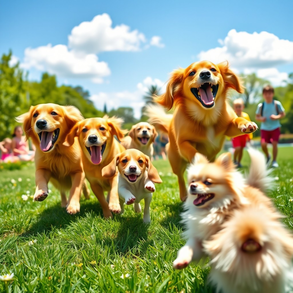 A vibrant scene featuring several happy dogs of different breeds playing together in a sunny park