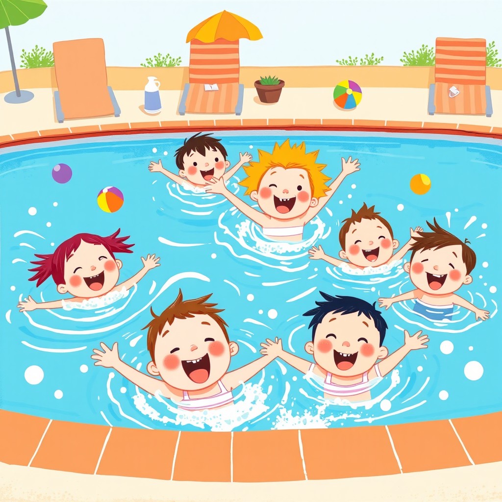 A joyful scene featuring several children happily swimming in a bright blue swimming pool
