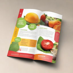 Enhance the contrast brochure featuring oversized, highly legible text. Display healthy foods, namely fruits, vegetables and lean proteins on one side, contrasted starkly against unhealthy food pieces such as junk food, sugary drinks and processed items on another side.