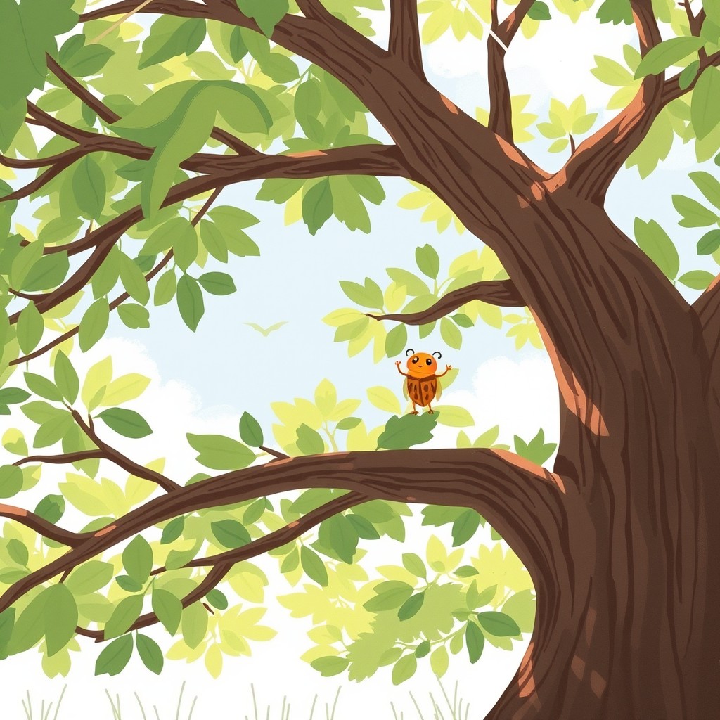 A charming summer scene depicting a large tree with its leaves gently swaying in the breeze