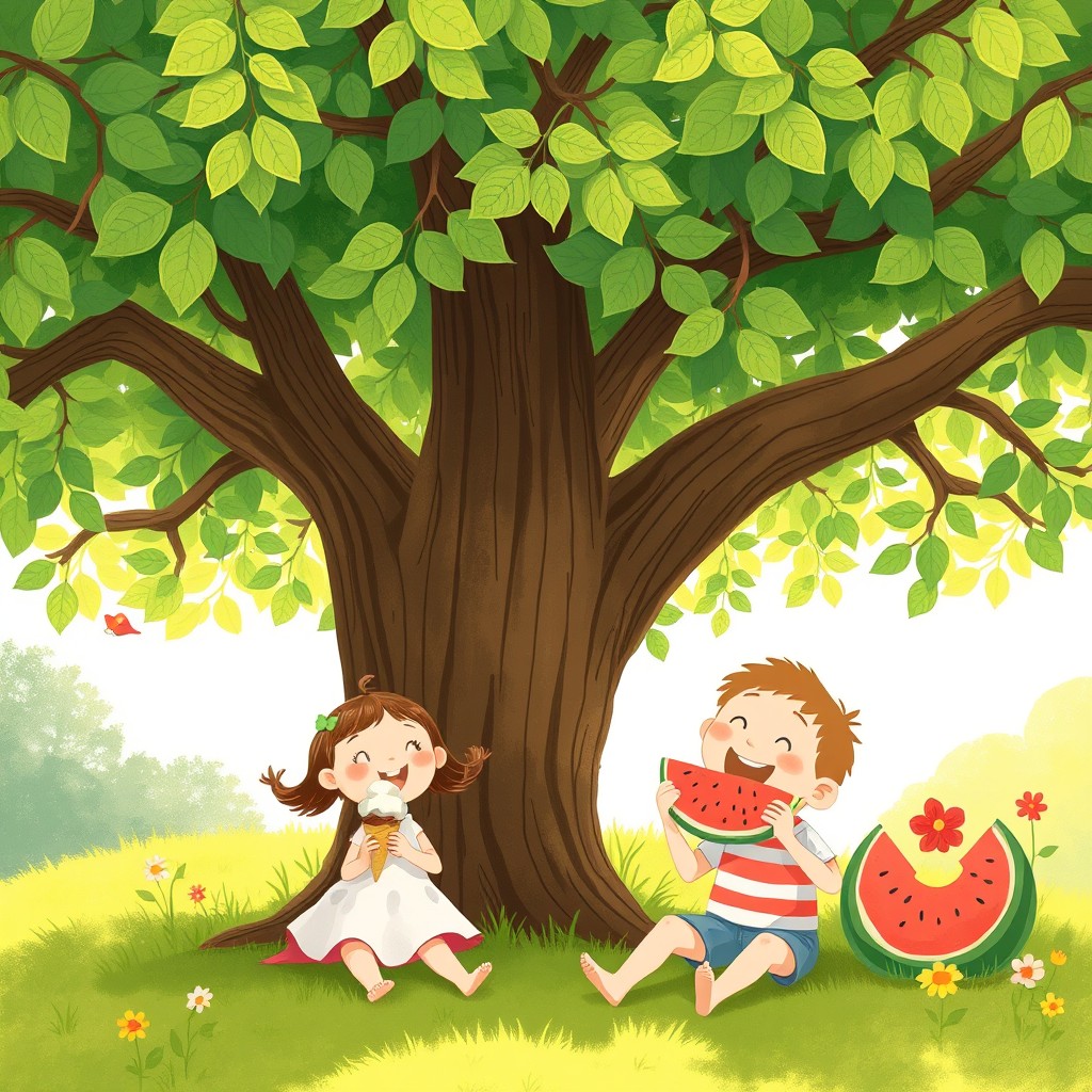 A delightful summer scene set beneath a large tree, where a joyful little girl is happily enjoying an ice cream cone, and a boy next to her is enthusiastically munching on a slice of watermelon