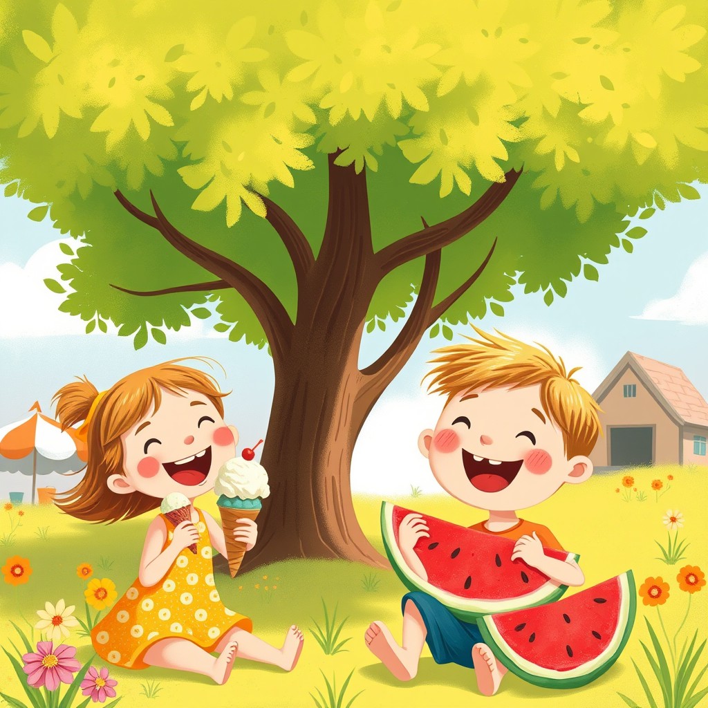 In a vibrant summer scene, under a large shady tree, a joyful young girl is happily enjoying an ice cream cone, while a cheerful boy is delighting in a juicy watermelon slice