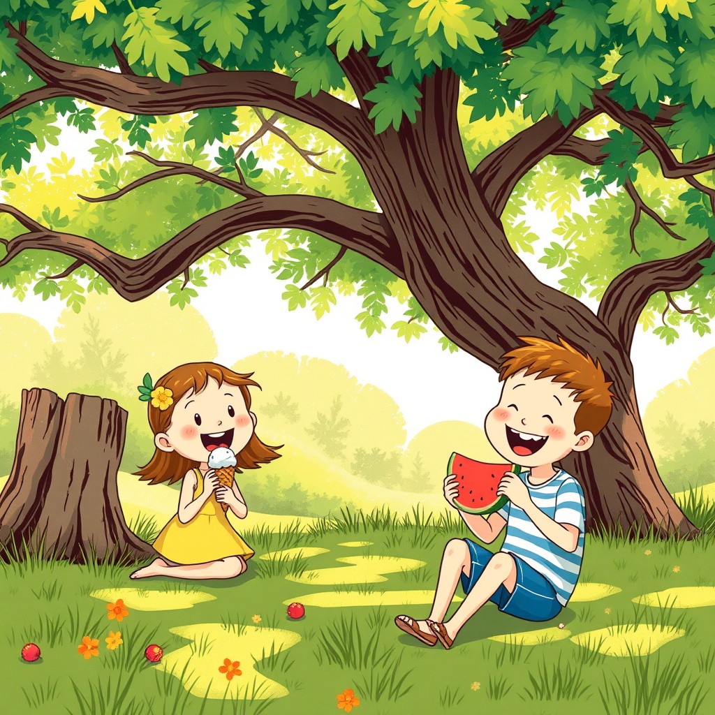 In a vibrant summer scene, beneath the shade of a large tree, a cheerful young girl is happily enjoying an ice cream cone, while a joyful boy is savoring a slice of refreshing watermelon