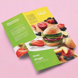 Enhance the contrast brochure featuring oversized, highly legible text. Display healthy foods, namely fruits, vegetables and lean proteins on one side, contrasted starkly against unhealthy food pieces such as junk food, sugary drinks and processed items on another side.