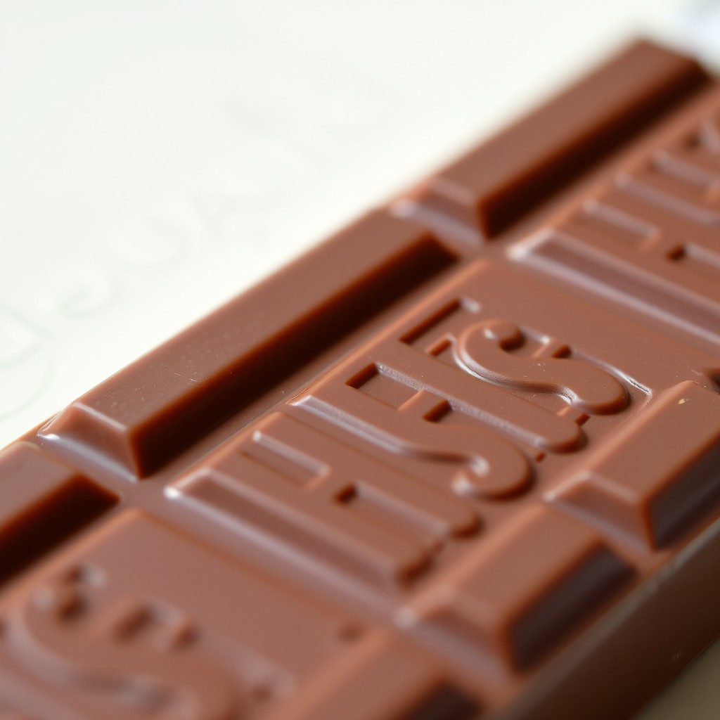 A close-up view of a classic Hershey's chocolate bar, showcasing its iconic wrapper and detailed texture