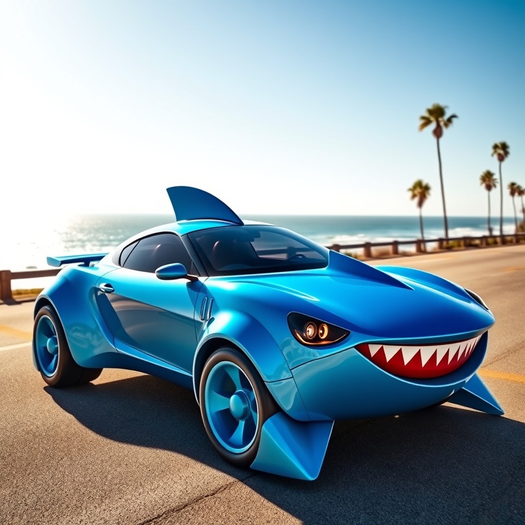 A striking and imaginative car designed in the shape of a shark, featuring a sleek, aerodynamic body and vibrant blue color