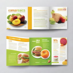 Enhance the contrast brochure featuring oversized, highly legible text. Display healthy foods, namely fruits, vegetables and lean proteins on one side, contrasted starkly against unhealthy food pieces such as junk food, sugary drinks and processed items on another side.