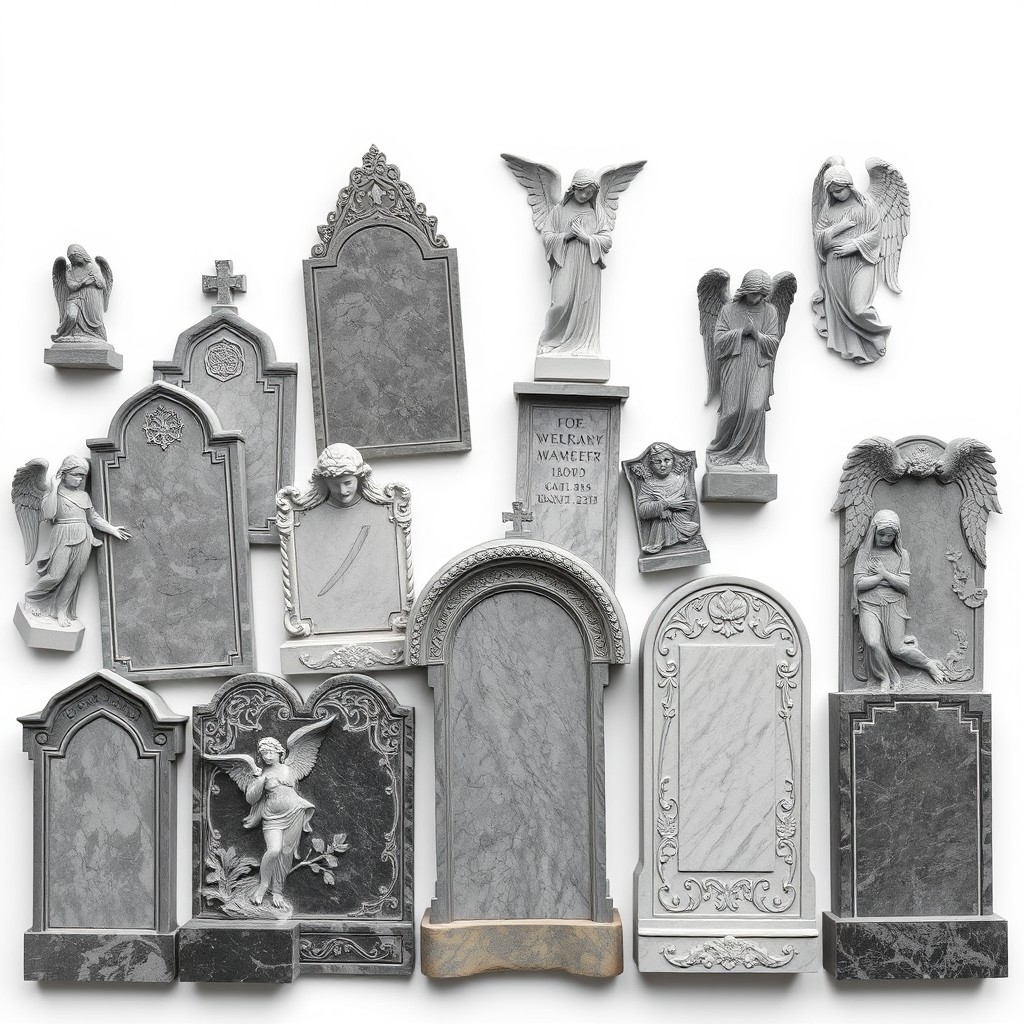 A collection of intricately designed tombstones and elegant angel statues arranged artistically, depicted on a clean white background