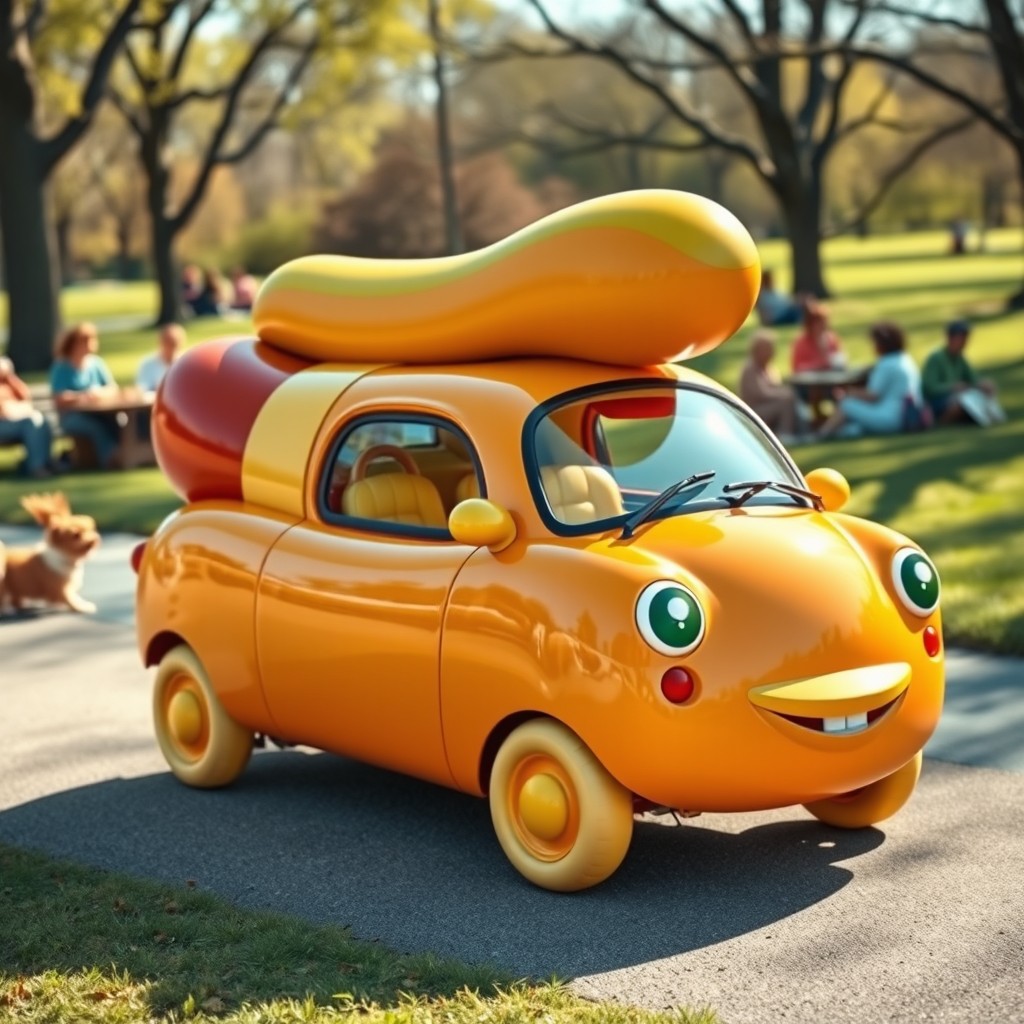 A whimsical and creative car designed in the shape of a hot dog, featuring a glossy bun exterior with vibrant colors
