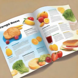 Design a brochure in English with large, easy-to-read text comparing healthy foods like fruits, vegetables, and lean proteins, to unhealthy foods such as junk food, sugary drinks, and processed items.