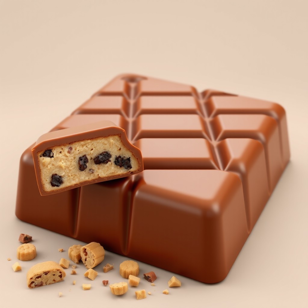 A realistic 3D render of a rectangular milk chocolate bar composed of square-shaped segments, featuring a smooth and glossy surface in rich brown tones