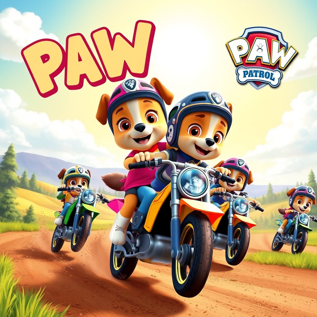 A vibrant and colorful scene featuring characters inspired by a puppy patrol group riding motorcycles