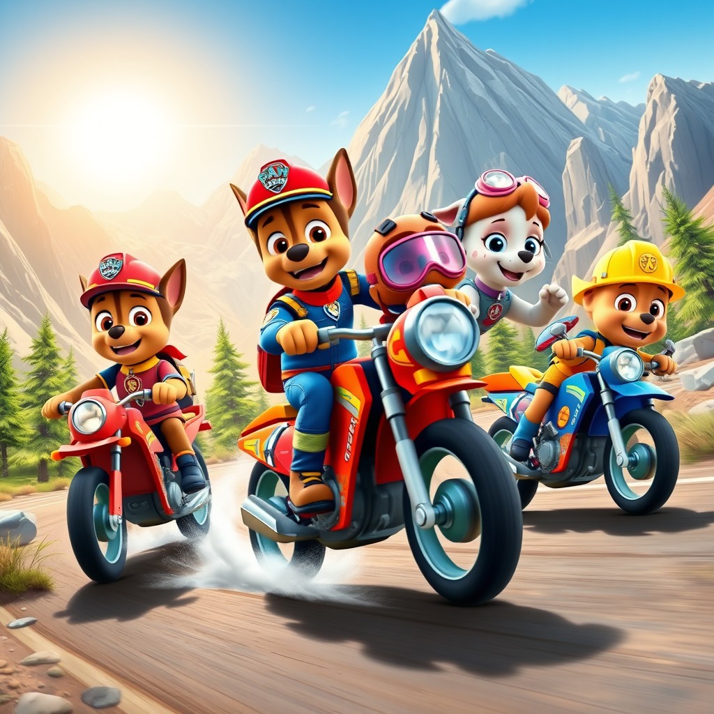 A vibrant scene depicting the Paw Patrol characters riding motorcycles through a breathtaking mountain landscape