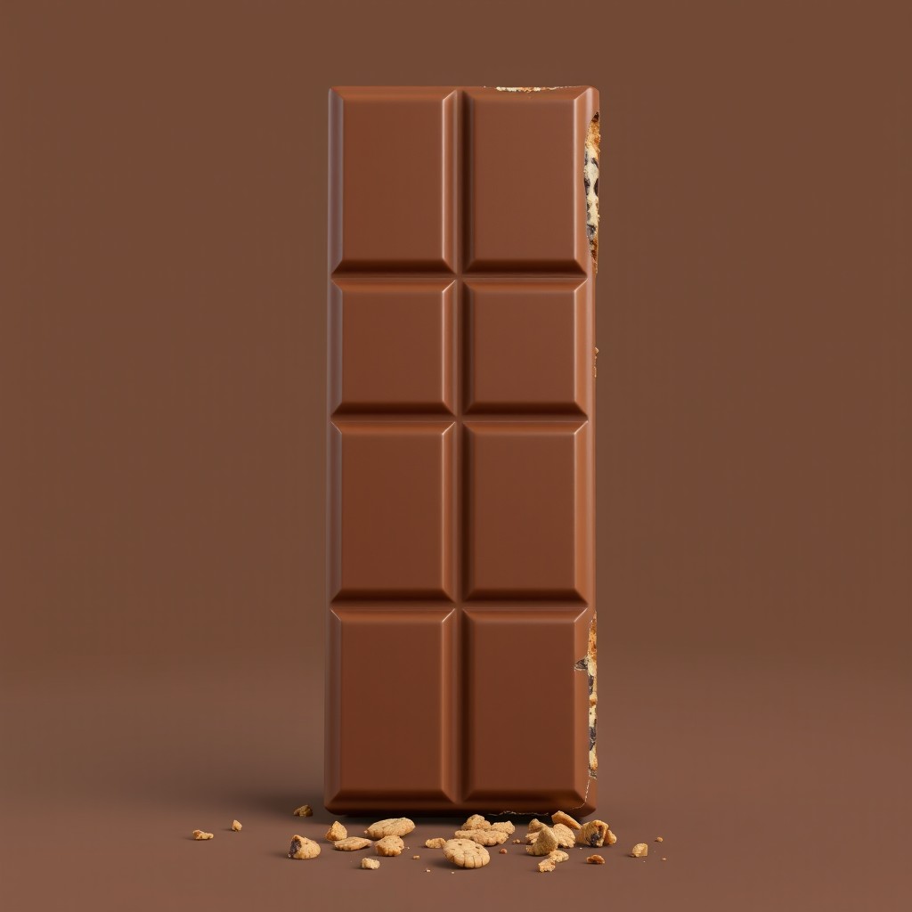 A realistic 3D render of a long and vertical rectangular milk chocolate bar composed of square-shaped segments, featuring a smooth and glossy surface in rich brown tones