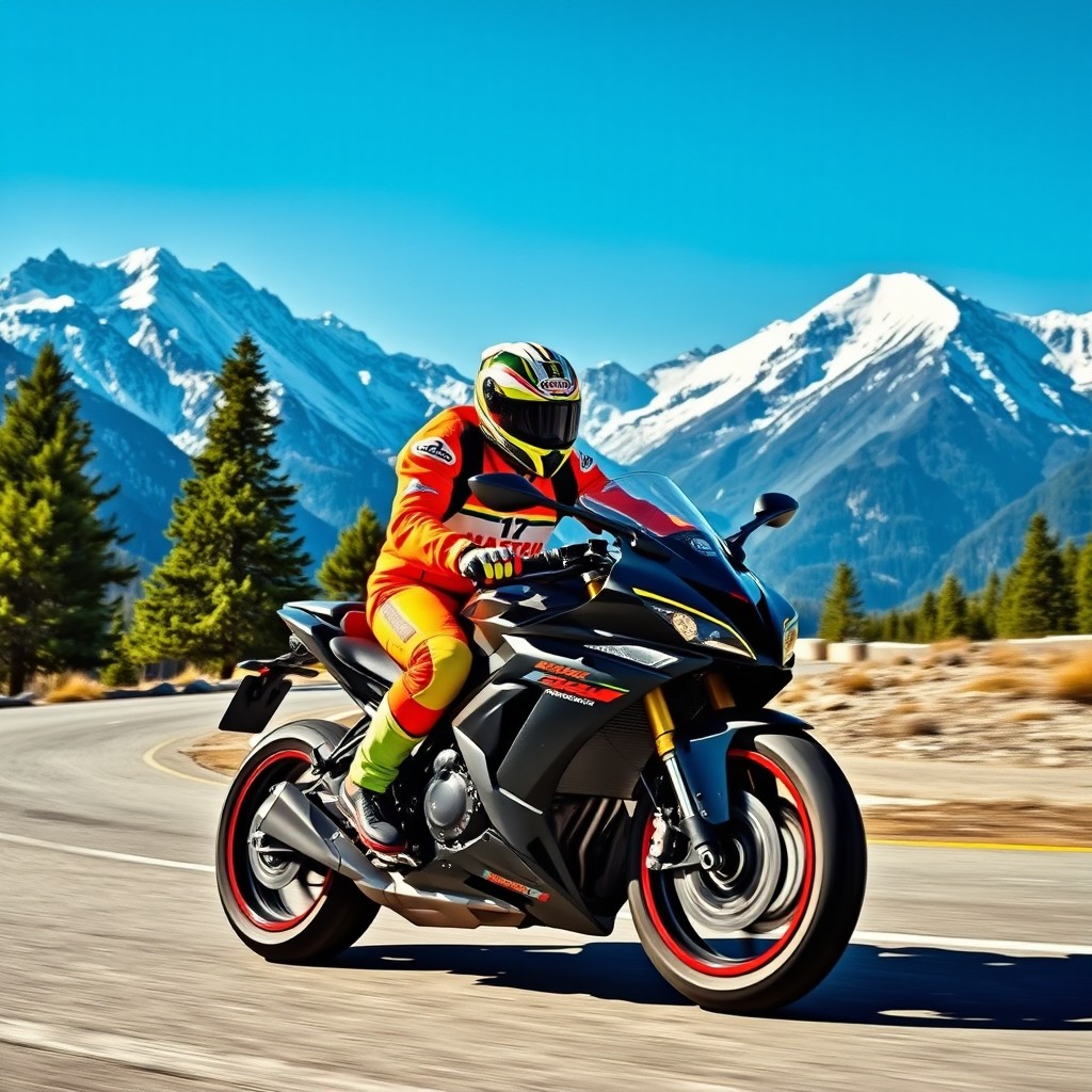 Thrill of the Race: Dynamic Motorcycle Marshal in Majestic Mountains