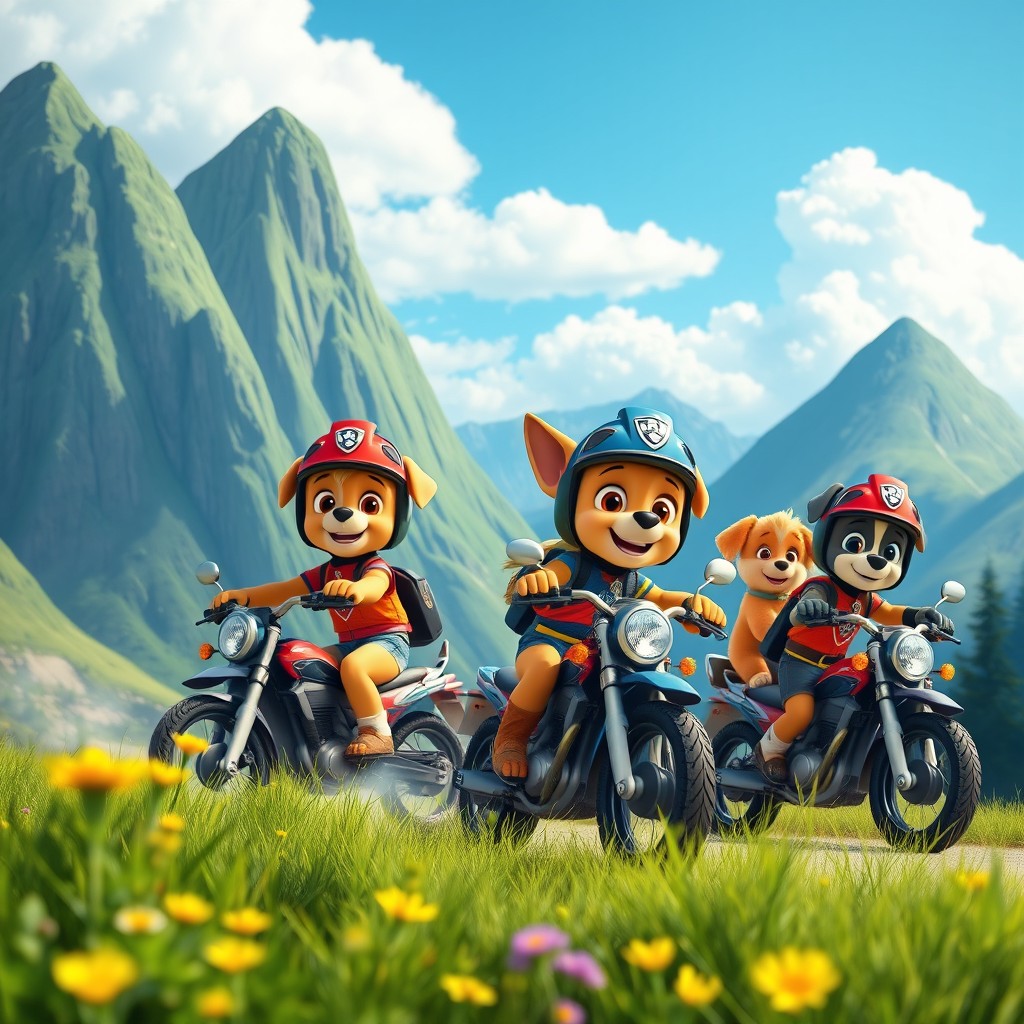 A bright and colorful scene featuring characters from a puppy-themed patrol team riding motorcycles through a mountainous landscape