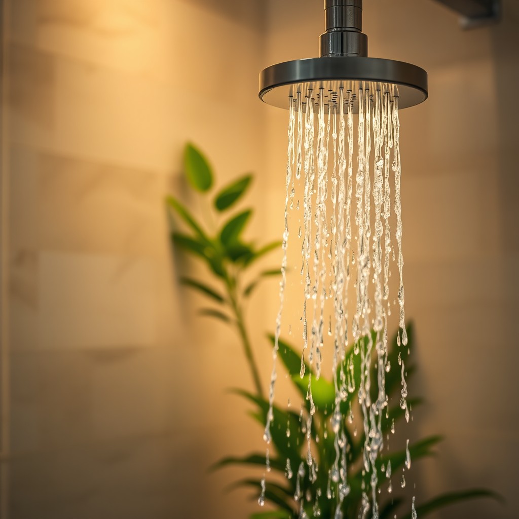 A serene and inviting shower scene, featuring soft ambient lighting illuminating the warm water cascading down from a modern showerhead