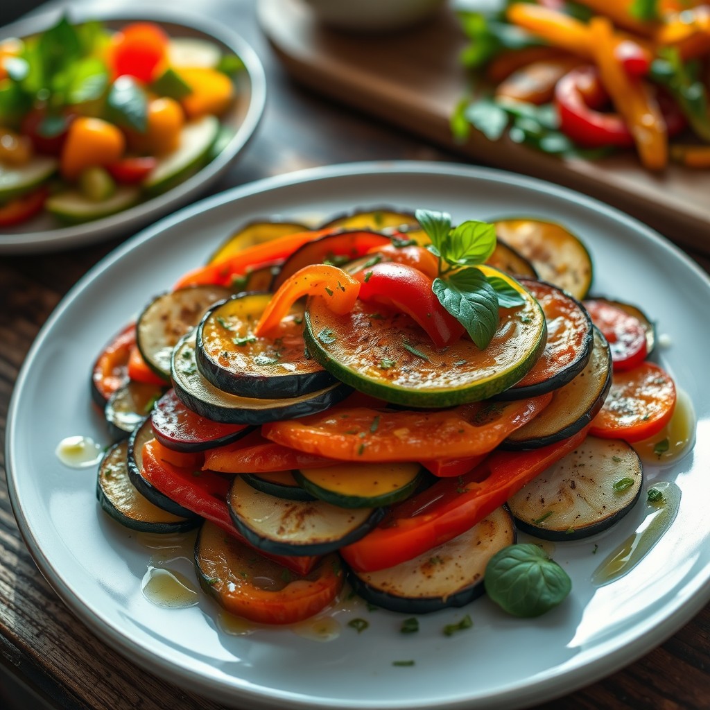 A beautifully arranged plate of ratatouille, featuring vibrant layers of thinly sliced zucchini, eggplant, and bell peppers, accented with fresh herbs and a drizzle of olive oil