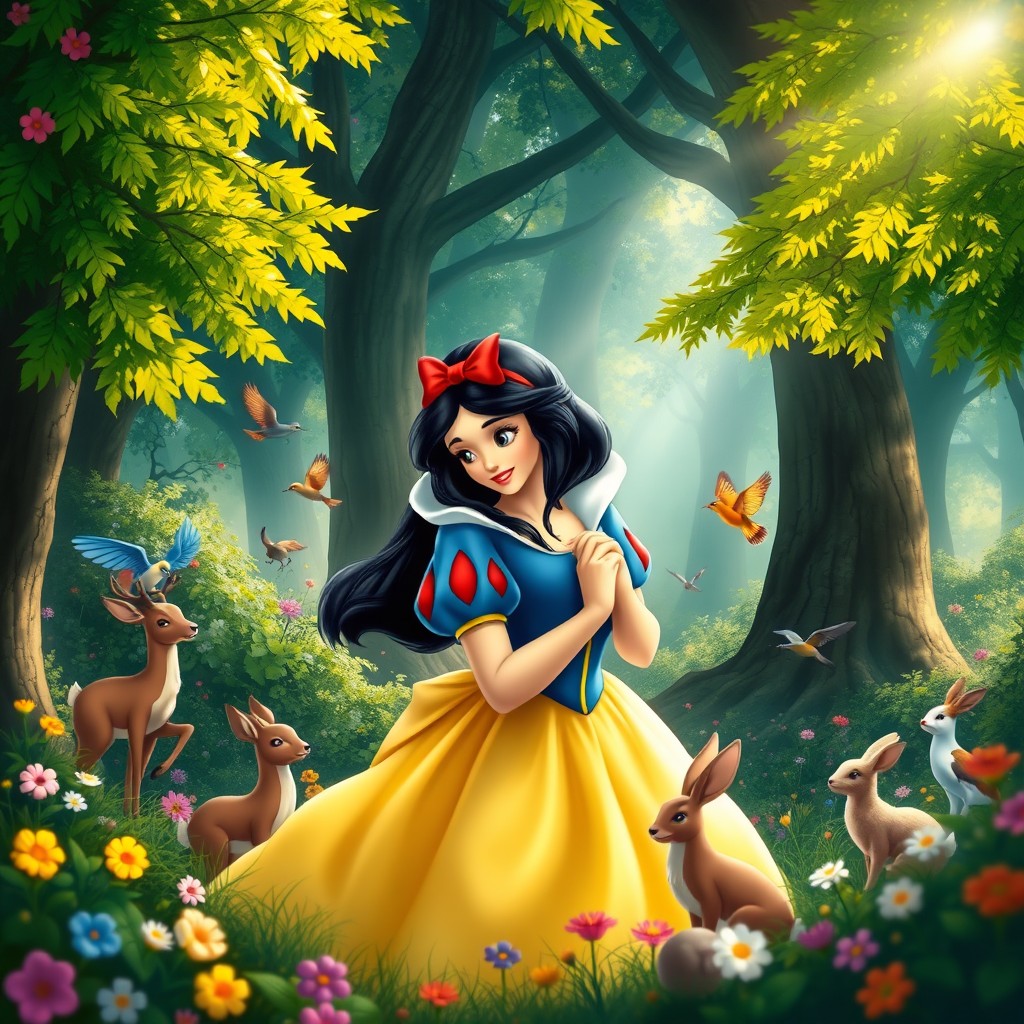 A beautiful, enchanting scene of Snow White in a magical forest